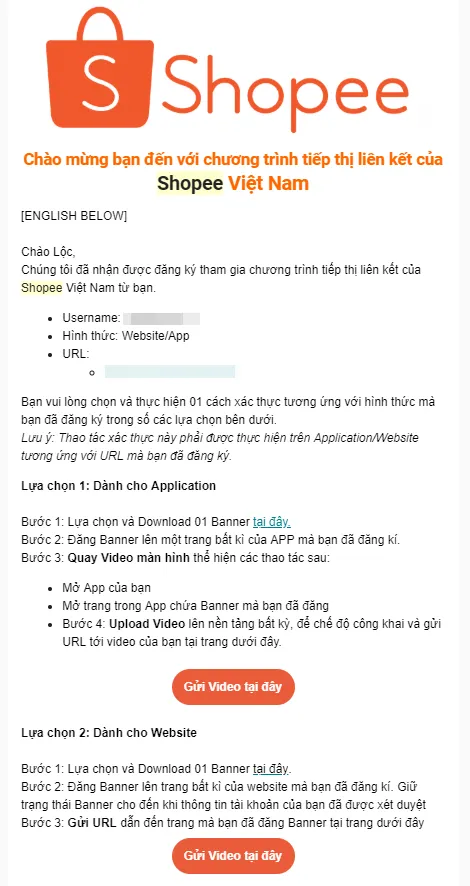 Shopee sẽ gửi email yêu cầu bạn xác thực thông tin tài khoản