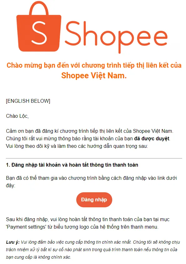 Người dùng nhận thông báo kết quả từ Shopee qua email