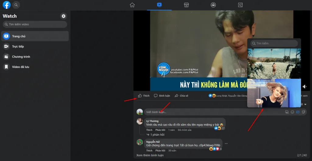 Video trên Facebook Watch, có thể comment, đánh giá bằng các emoji, icon bên dưới phần bình luận của video
